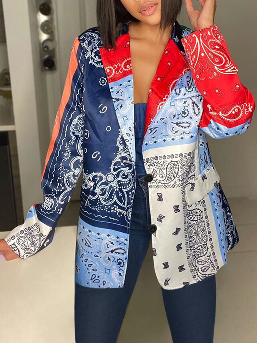 

Lovely Casual Turndown Collar Print Patchwork Multicolor Blazer, Multi