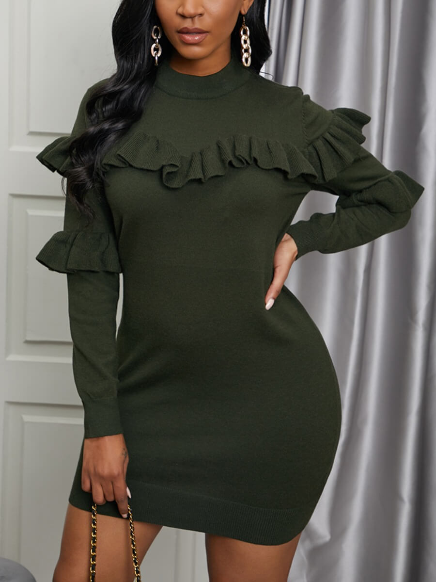

Lovely Turtleneck Flounce Design Green Mini Dress