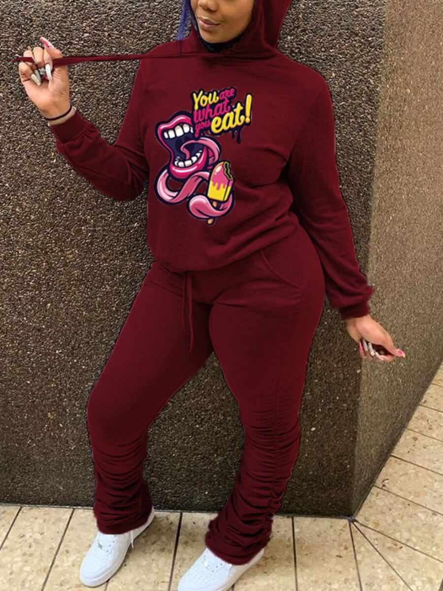 

Lovely Casual Hooded Collar Lip Print Wine Red Two Piece Pants Set