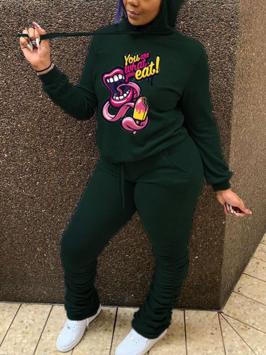 

Lovely Casual Hooded Collar Lip Print Green Two Piece Pants Set