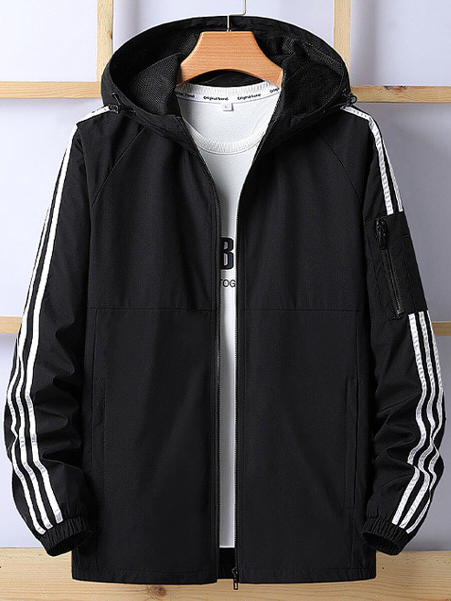 

Lovely Sportswear Hooded Collar Striped Patchwork Black Men Coat