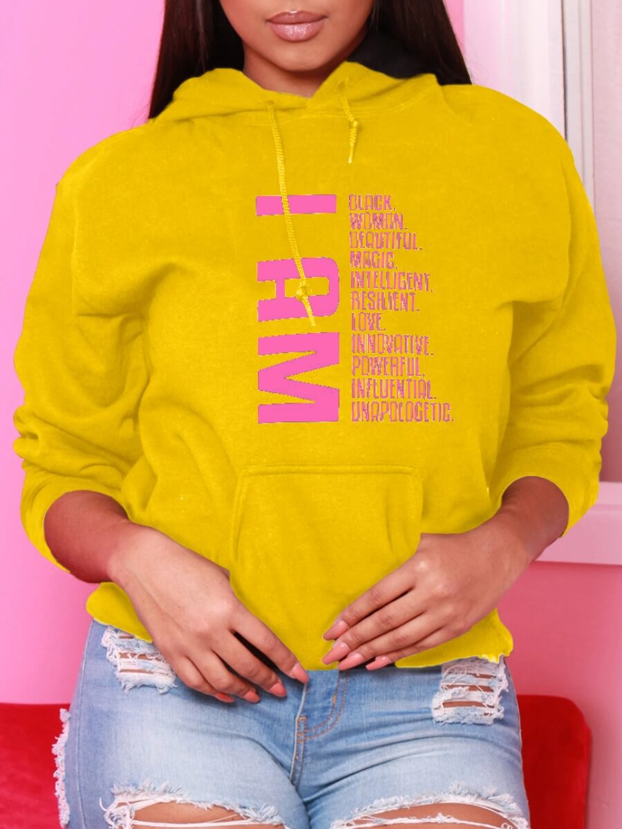 

LW Leisure Hooded Collar Letter Print Yellow Hoodie