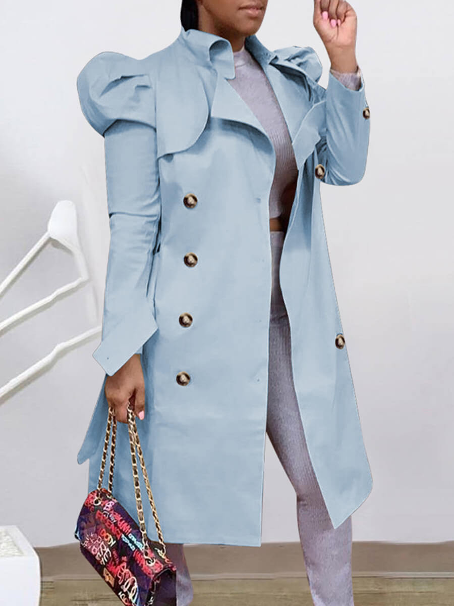 

LW BASICS Trendy Button Design Skyblue Trench Coat