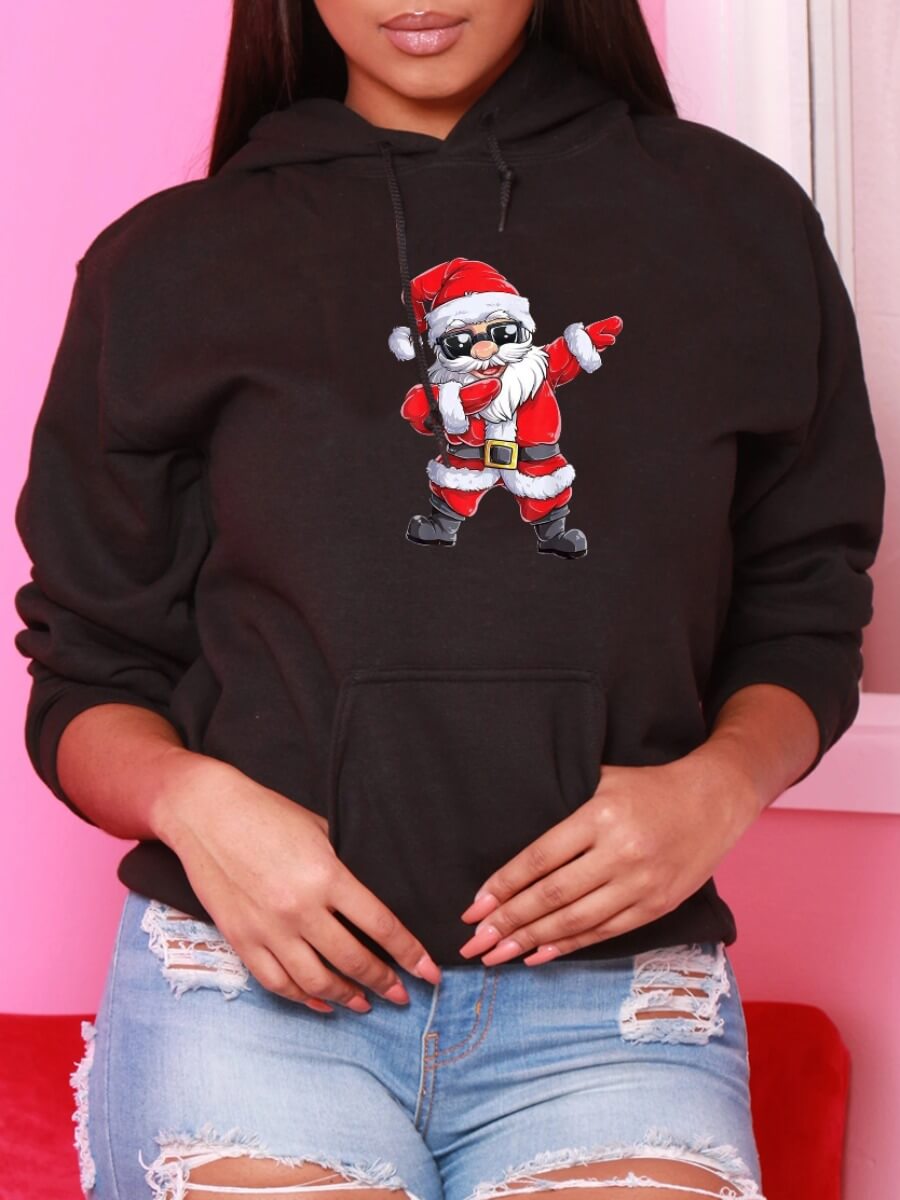 

Lovely Casual Hooded Collar Santa Claus Print Black Hoodie