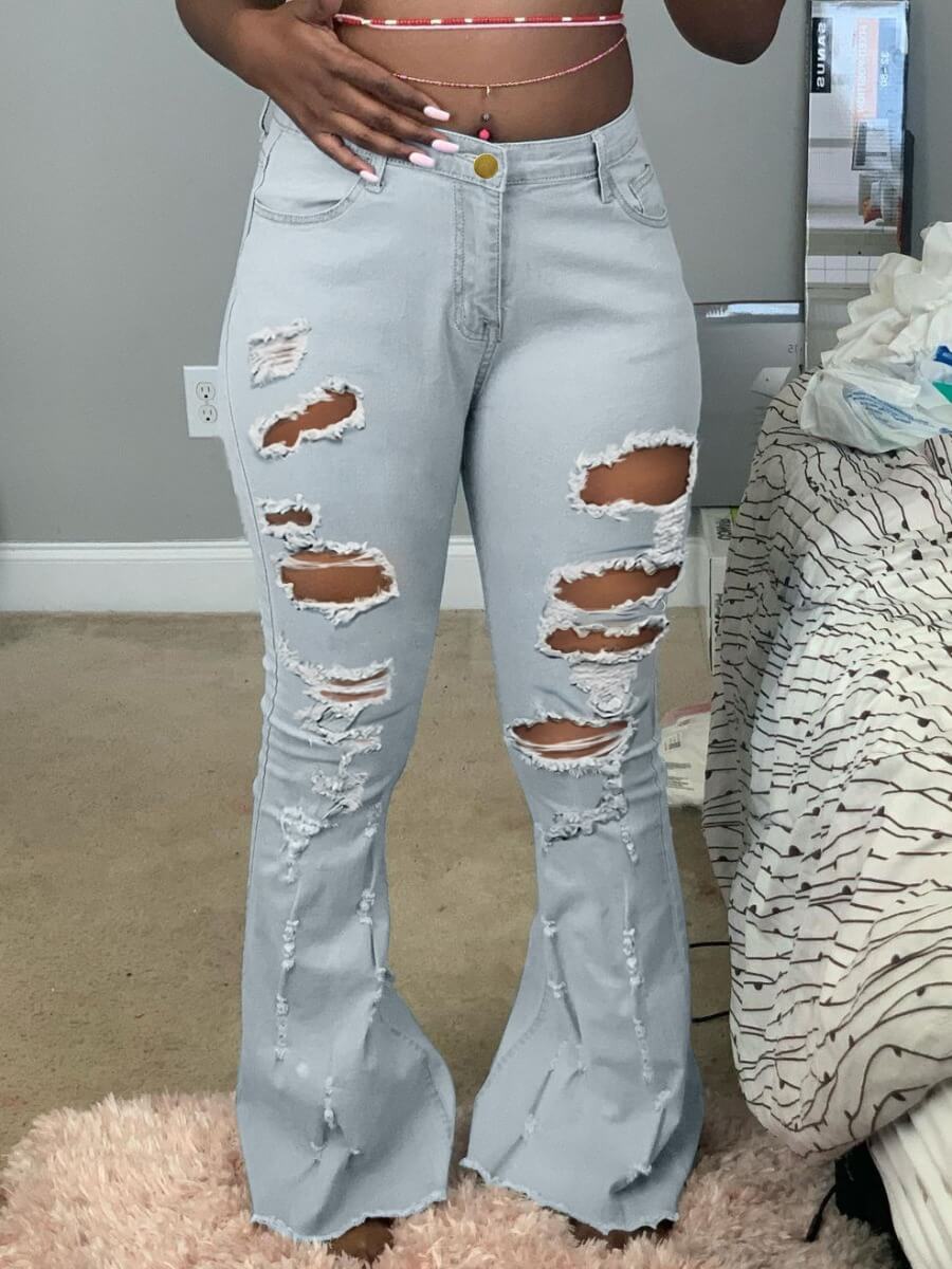 

Lovely Casual Broken Holes Raw Edge Baby Blue Jeans