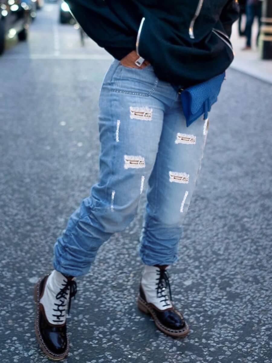 

Lovely Street High-waisted Broken Holes Baby Blue Jeans
