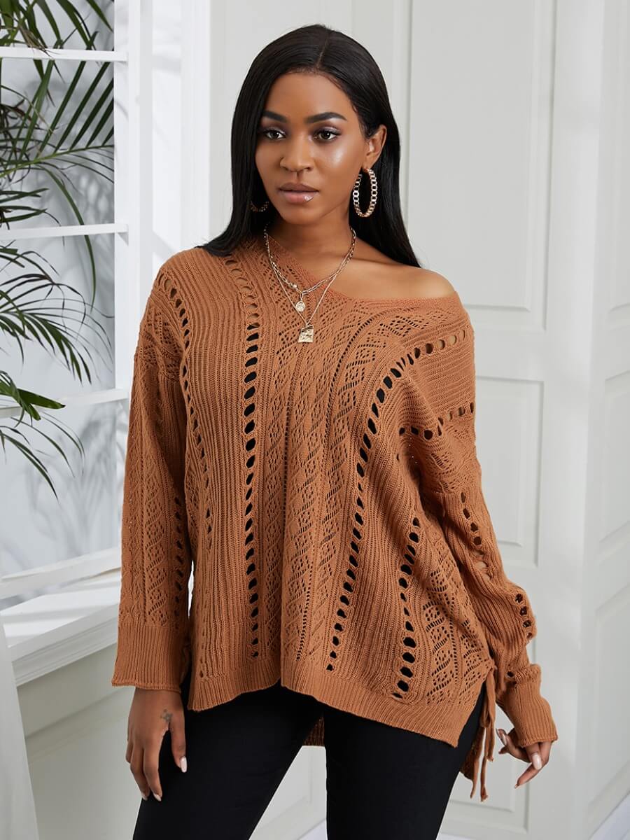 

Lovely Chic Hollow-out Bandage Design Yellow Sweater