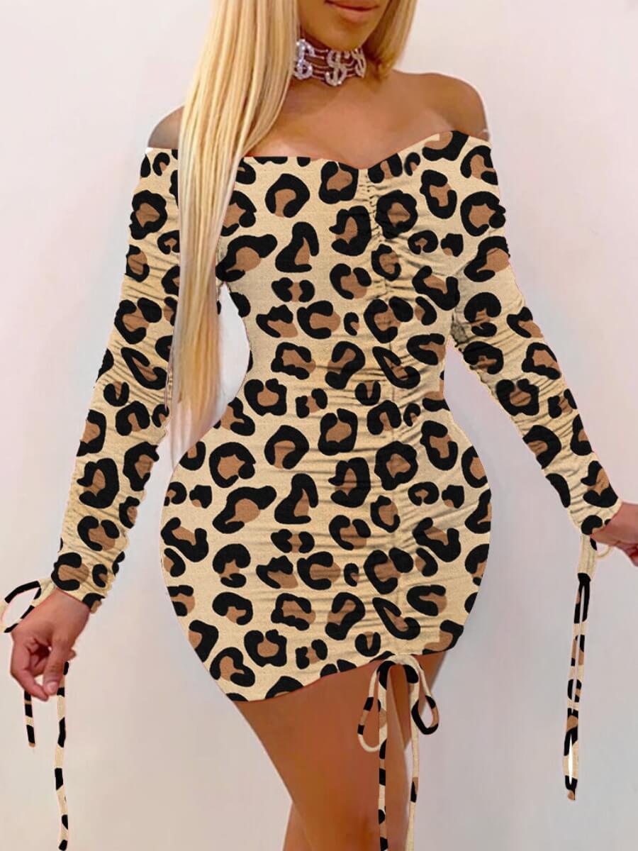 

Lovely Casual Off The Shoulder Leopard Print Brown Mini Dress