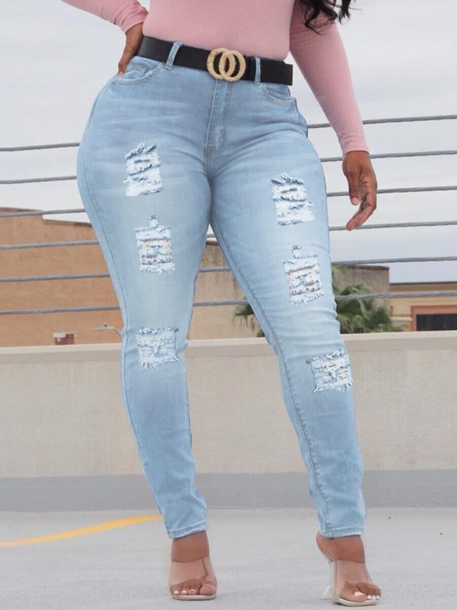 

Lovely Casual Broken Holes Elastic Baby Blue Jeans