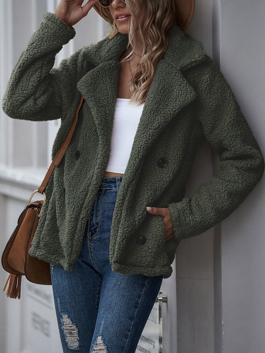 

Lovely Casual Turndown Collar Pocket Design Green Faux Fur