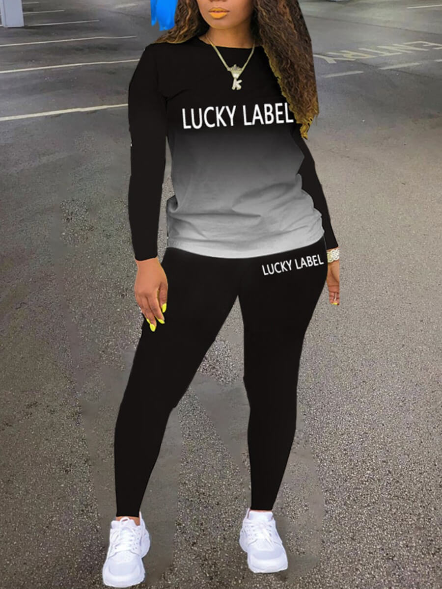 

Lovely Casual Gradient Letter Print Black Two Piece Pants Set