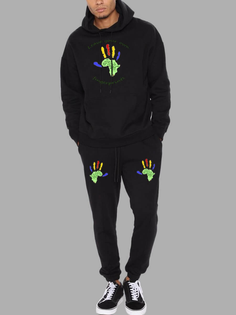 

Lovely Street Print Patchwork Drawstring Black Men Two Piece Pants Set