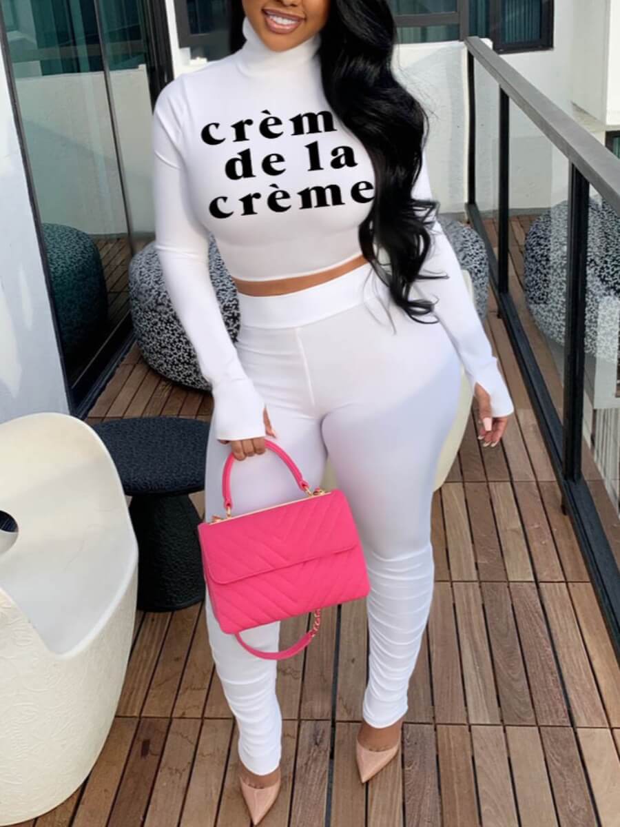 

Lovely Casual Turtleneck Letter Print White Two Piece Pants Set