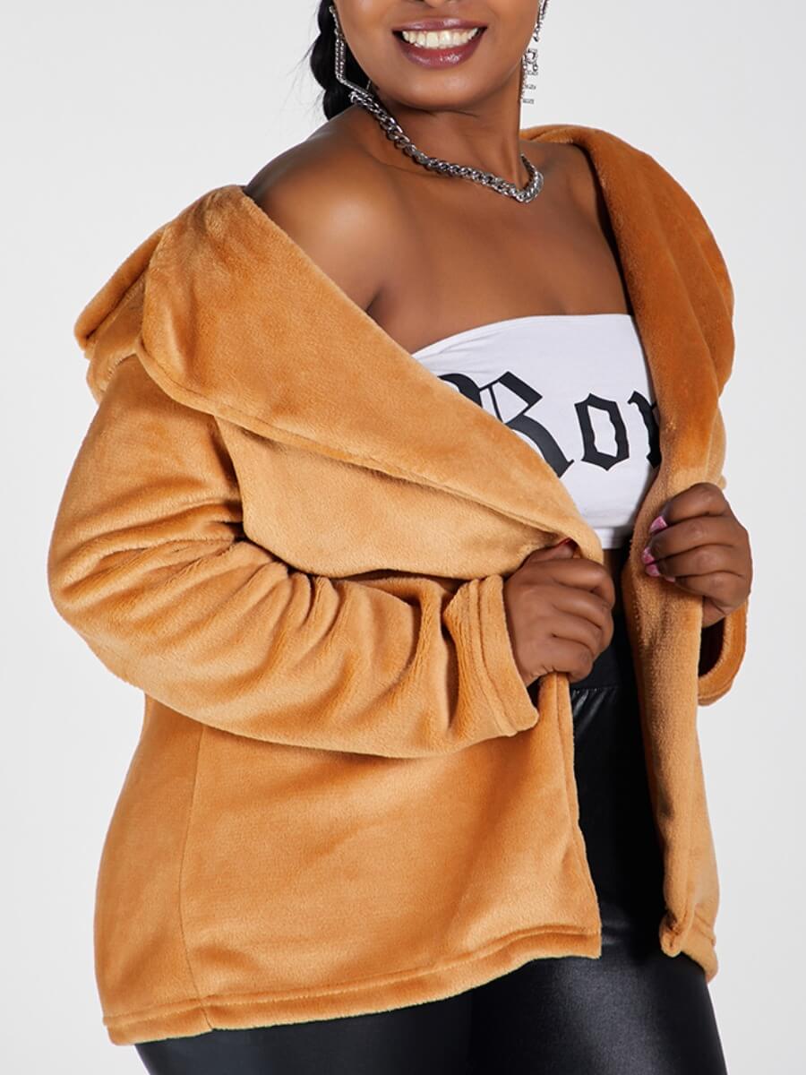 

Lovely Casual Turndown Collar Zipper Design Brown Plus Size Faux Fur