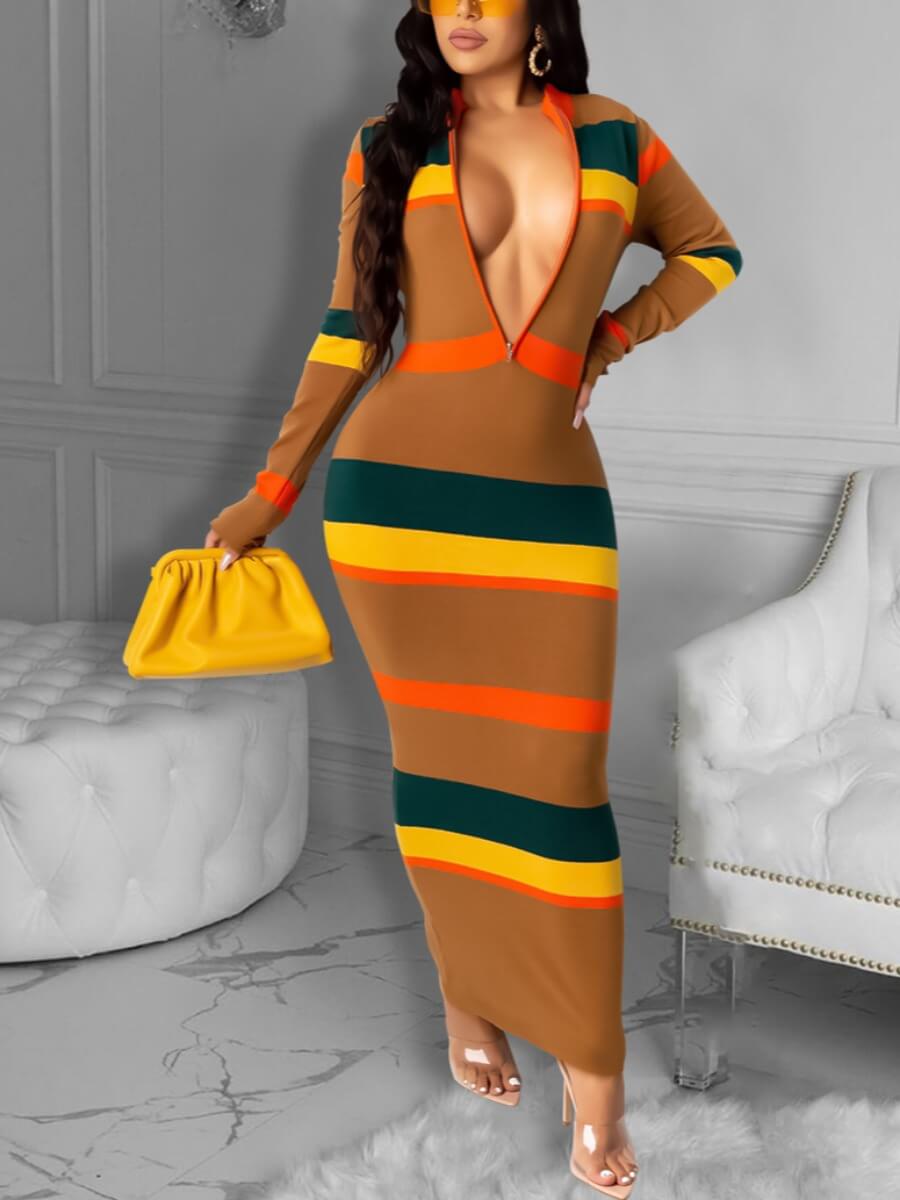

Lovely Sexy Deep V Neck Striped Patchwork Multicolor Ankle Length Dress, Multi