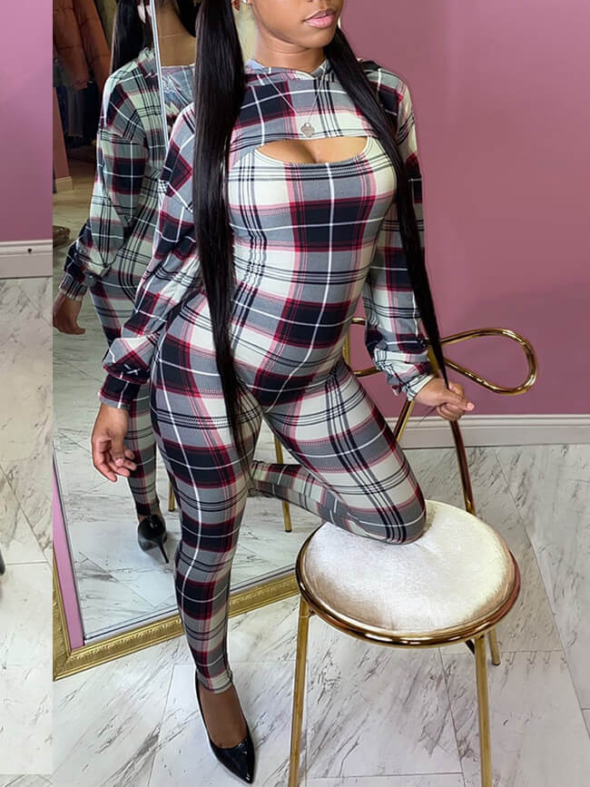 

Lovely Sexy Plaid Print Hollow-out Black Two Piece Pants Set