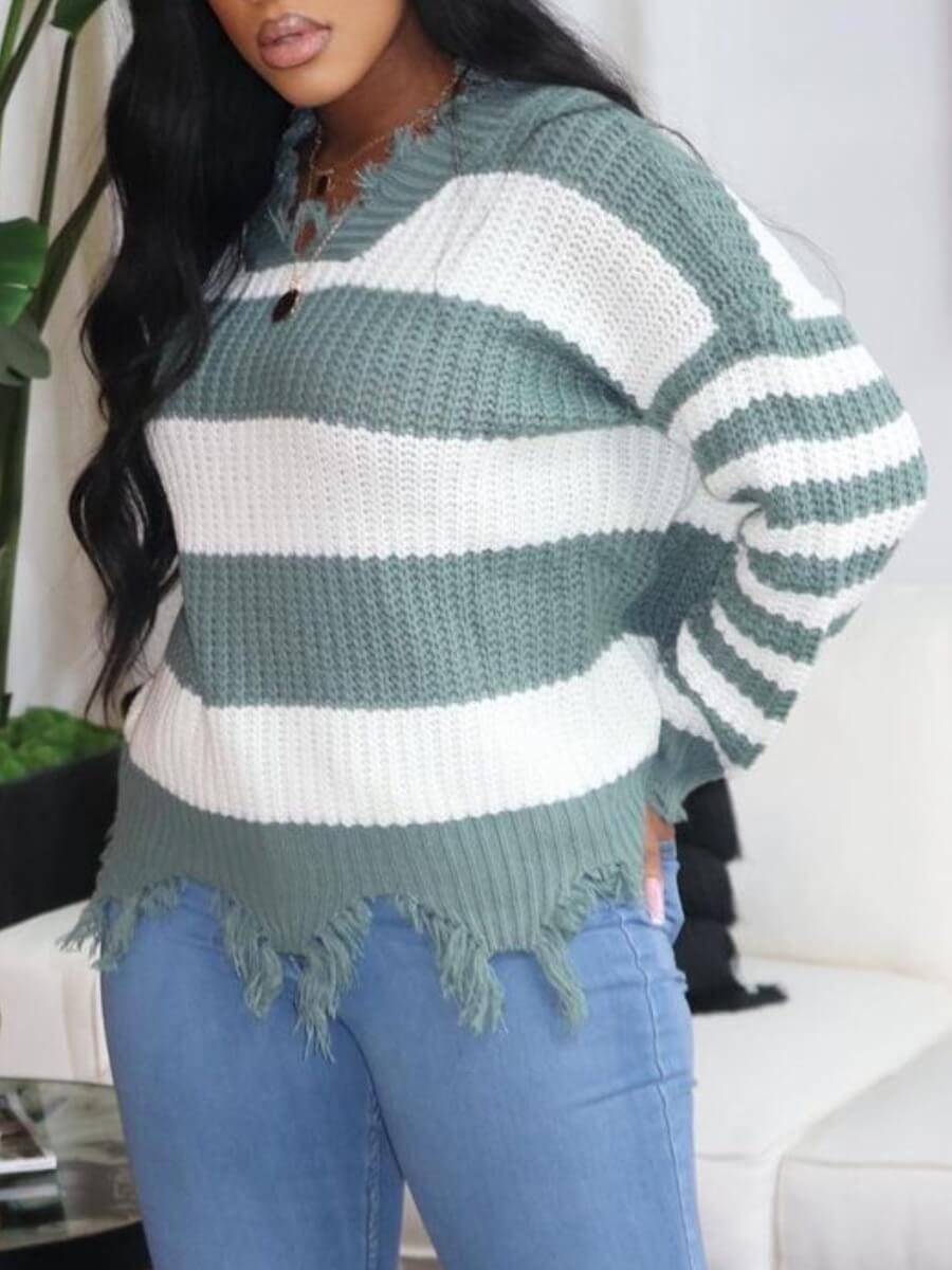 

Lovely Street Striped Tassel Design Light Green Sweater