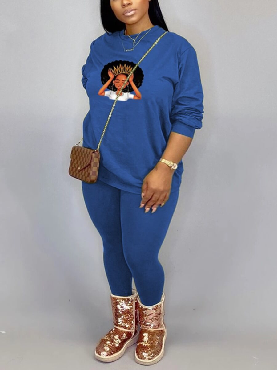 

Lovely Casual O Neck Graffiti Print Blue Plus Size Two-piece Pants Set
