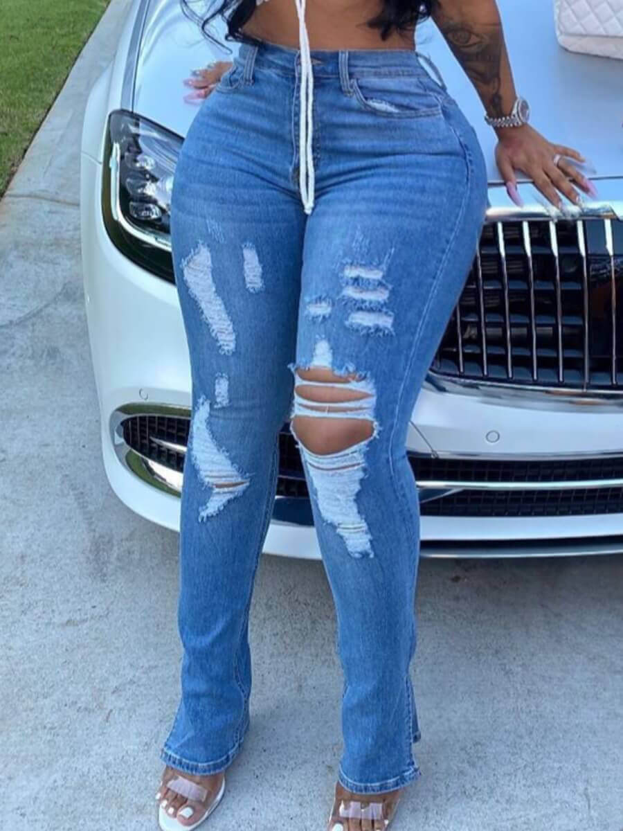 

Lovely Trendy High-waisted Broken Holes Baby Blue Jeans
