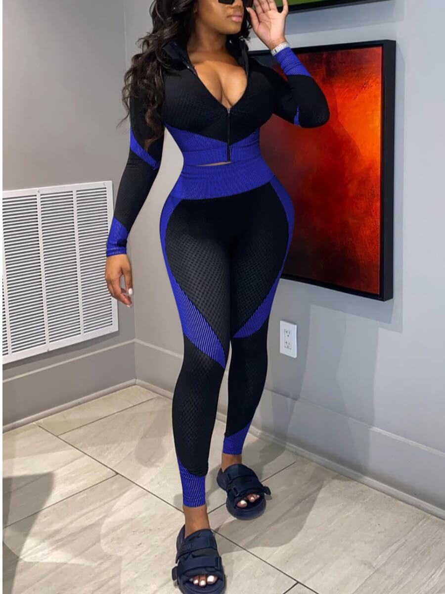 

LW Sportswear Turndown Collar Patchwork Blue Two Piece Pants Set