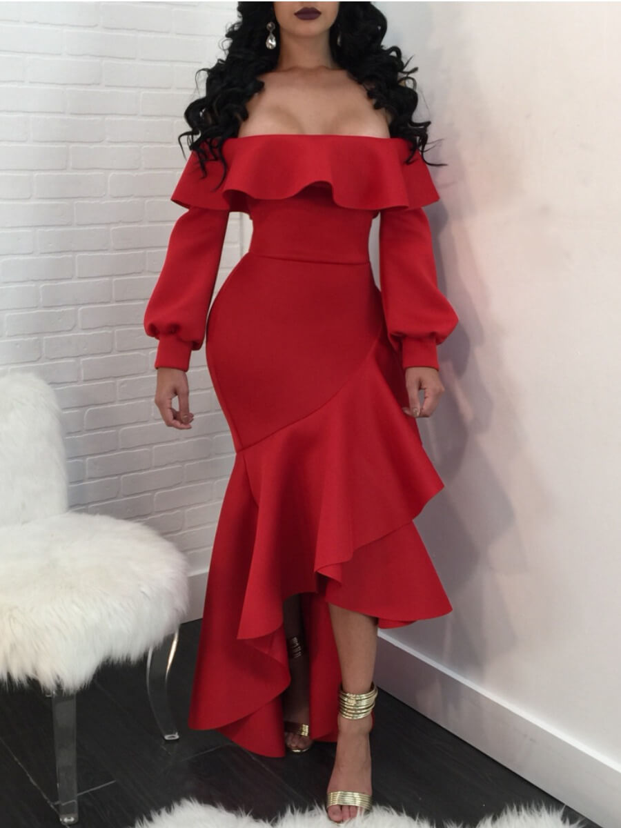 

Lovely Party Bateau Neck Flounce Design Asymmetrical Red Floor Length Evening Dress