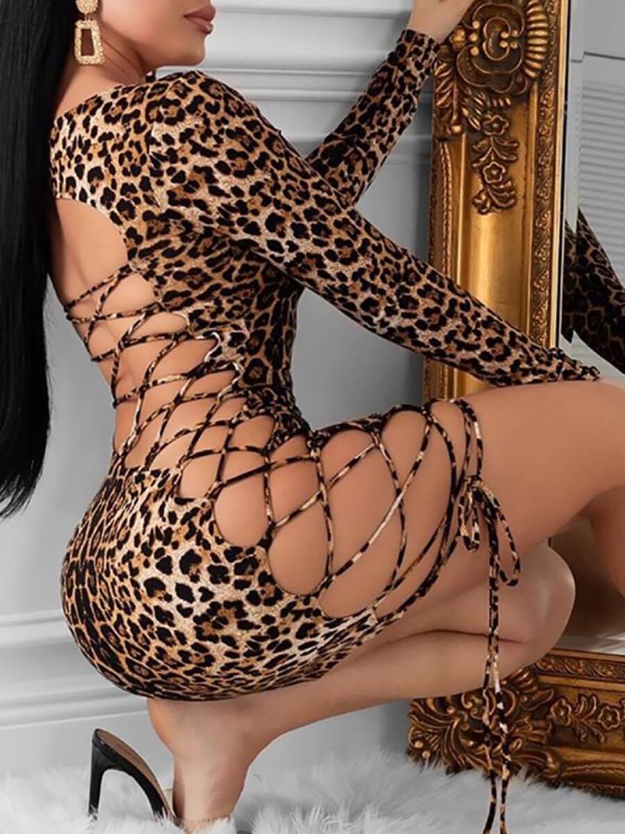 

Lovely Sexy Leopard Print Bandage Hollow-out Design Brown Mini Dress