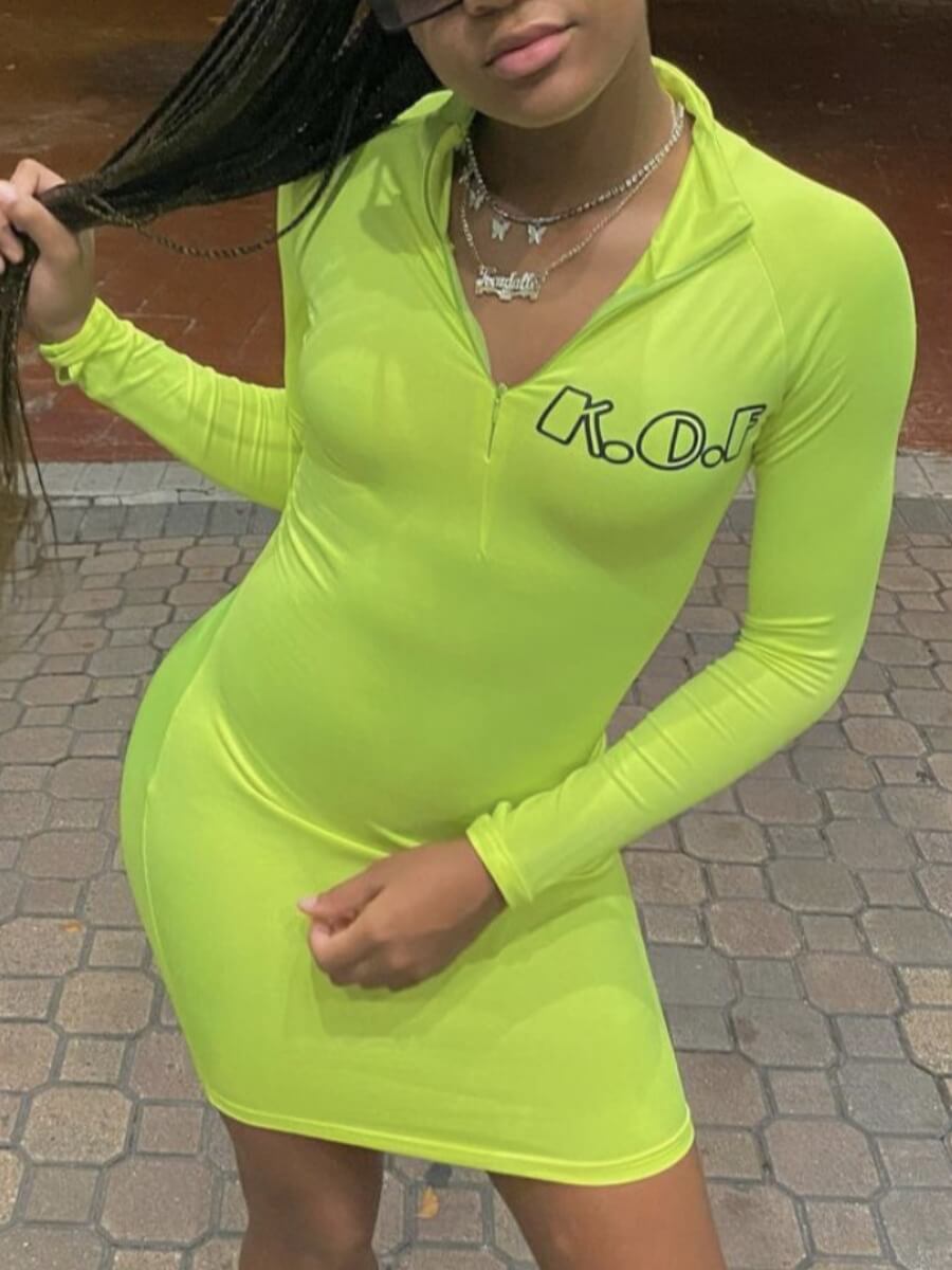 

Lovely Sportswear Mandarin Collar Letter Print Grass Green Mini Dress
