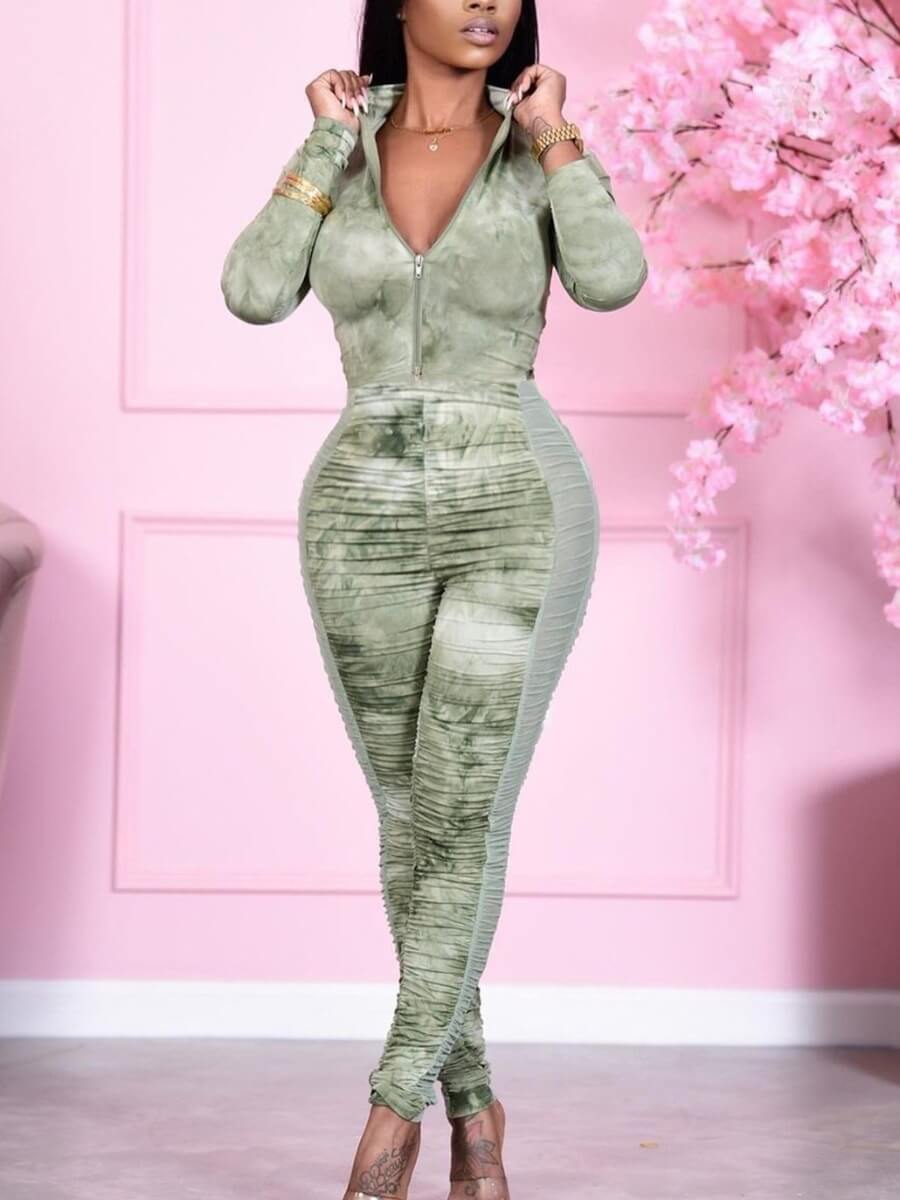 

Lovely Casual Tie-dye Patchwork Green One-piece Jumpsuit