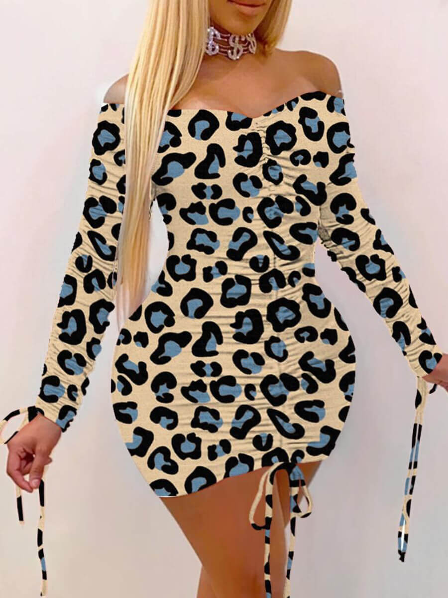 

Lovely Casual Off The Shoulder Leopard Print Mini Plus Size Dress, Blue