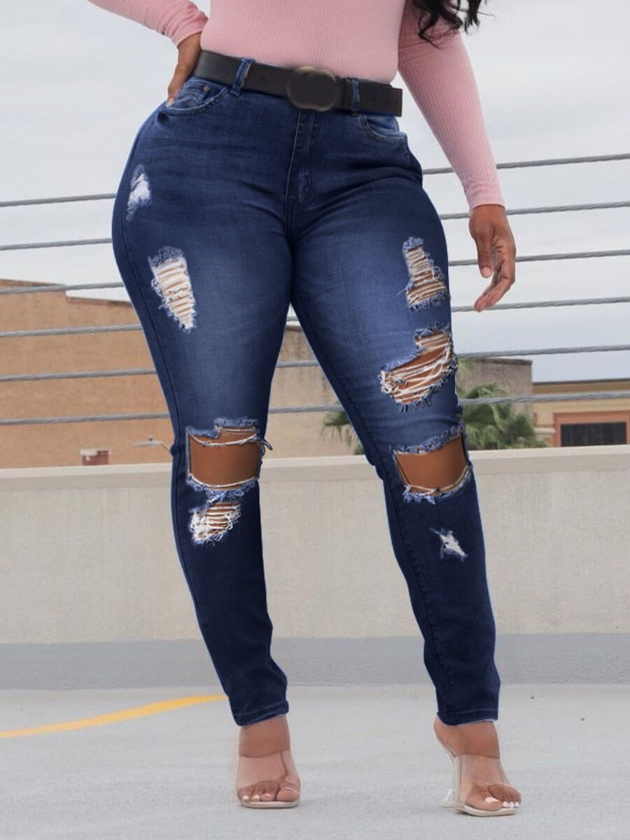 

Lovely Street High-waisted Broken Holes Deep Blue Jeans