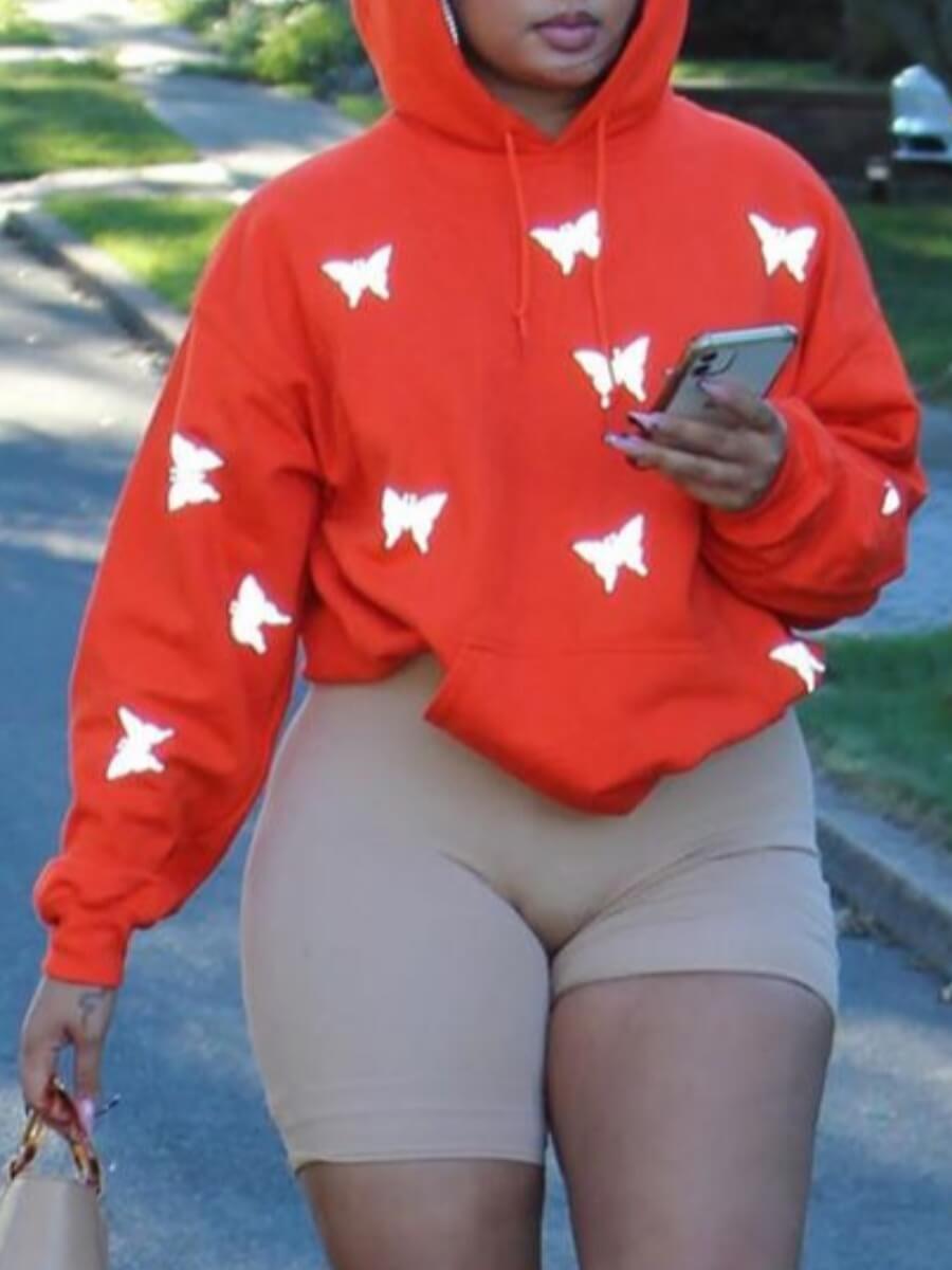 

Lovely Casual Butterfly Print Kangaroo Pocket Orange Hoodie