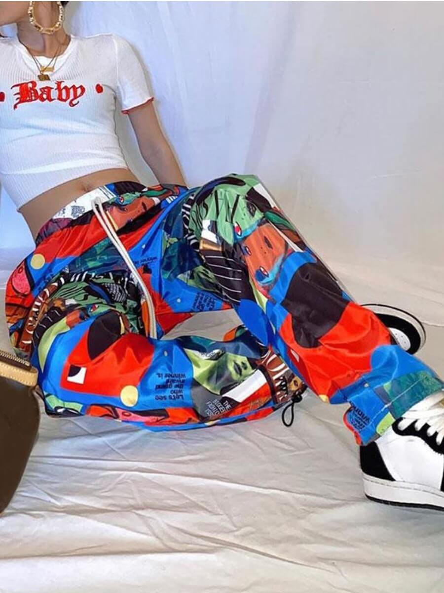 

Lovely Street Print Patchwork Drawstring Multicolor Pants, Multi