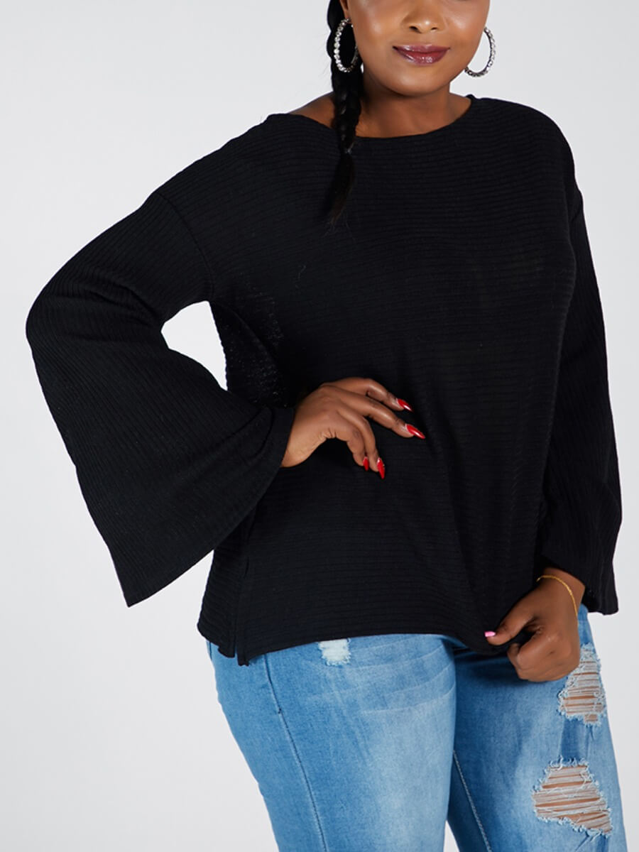 

Lovely Chic O Neck Flared Basic Loose Black Plus Size Sweater