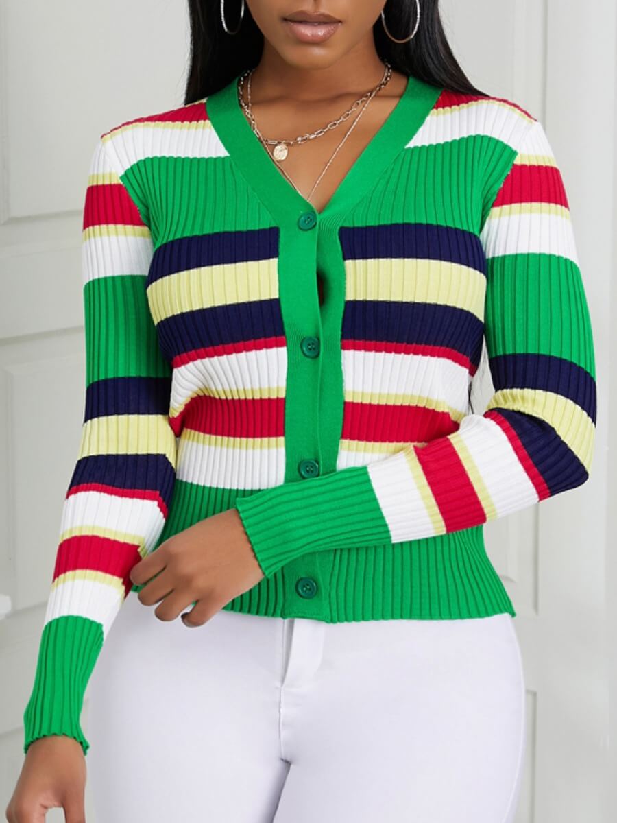 

Lovely Sweet V Neck Striped Patchwork Green Cardigan