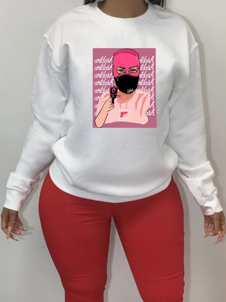 

Lovely Casual Masked Face Print Patchwork White Plus Size Hoodie