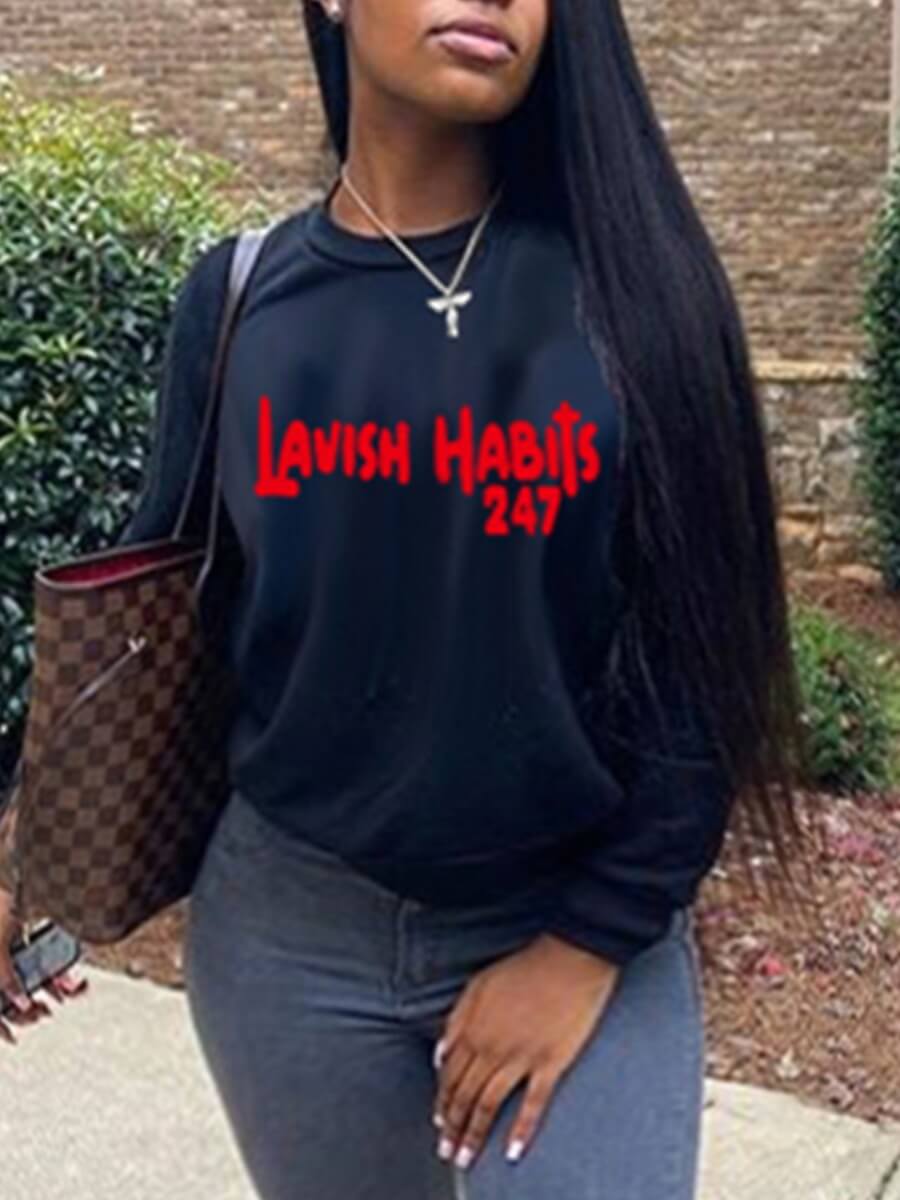 

Lovely Street O Neck Letter Print Black Plus Size Hoodie