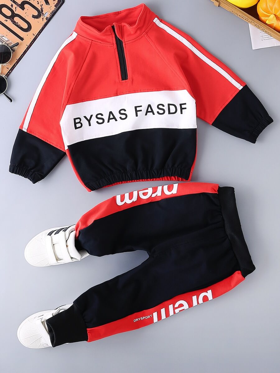 

Lovely Sportswear Letter Print Patchwork Red Boy Two Piece Pants Set