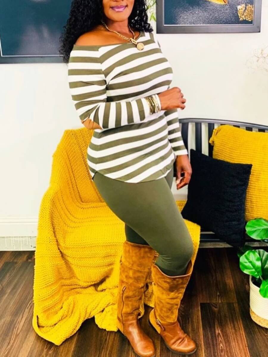 LovelyWholesale Off The Shoulder Striped Curved Hem Pants Set Fall Long Sleeve Casual Basic Cold Shoulder Spring Summer 2024