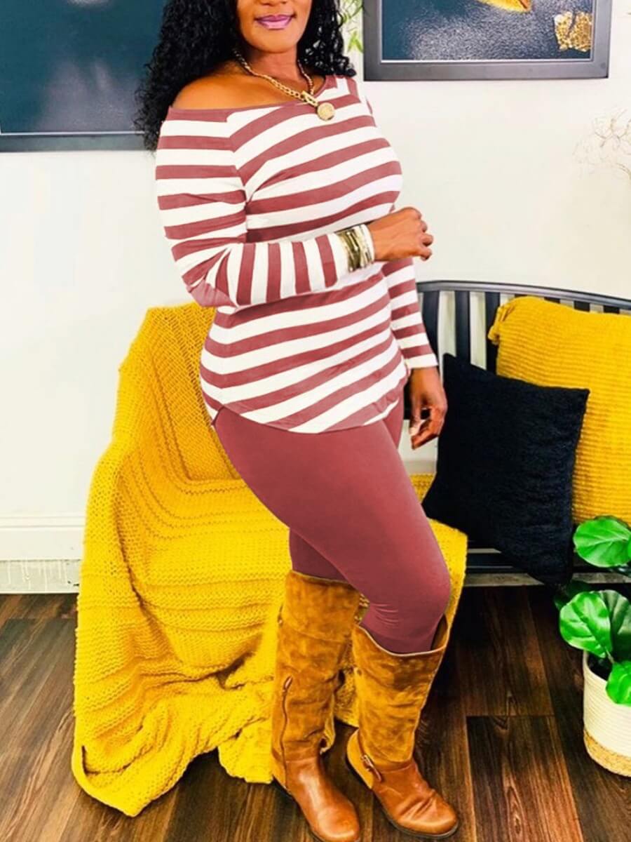 

Lovely Casual Boat Neck Striped Wine Red Two Piece Pants Set