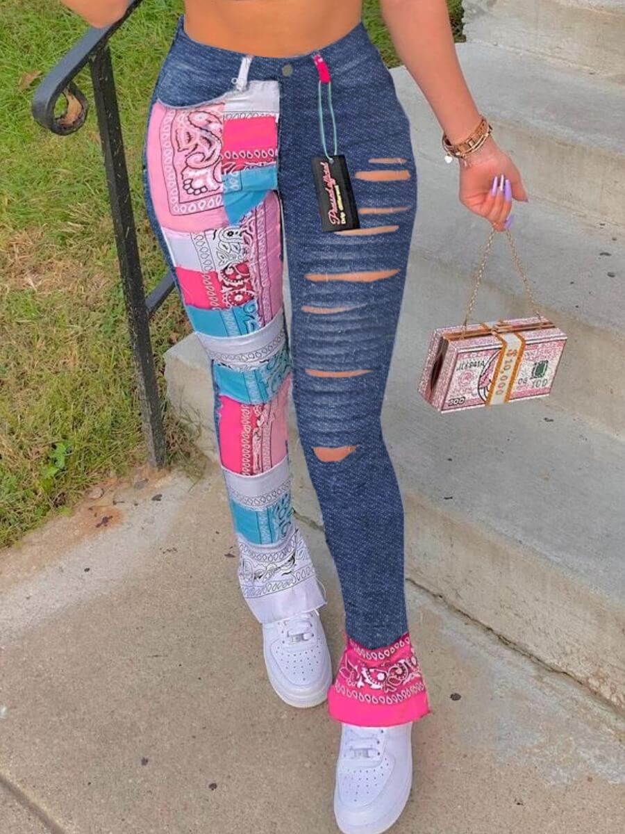 

LW Patchwork Ripped Jeans, Deep blue