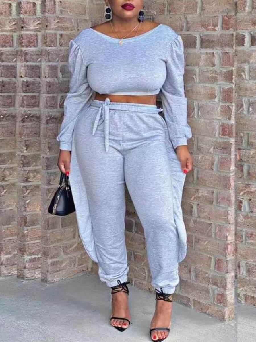 

Lovely Casual Drawstring Flounce Design Grey Two Piece Pants Set