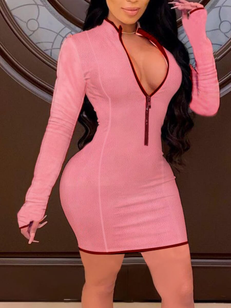 

Lovely Leisure Zipper Design Patchwork Pink Mini Dress