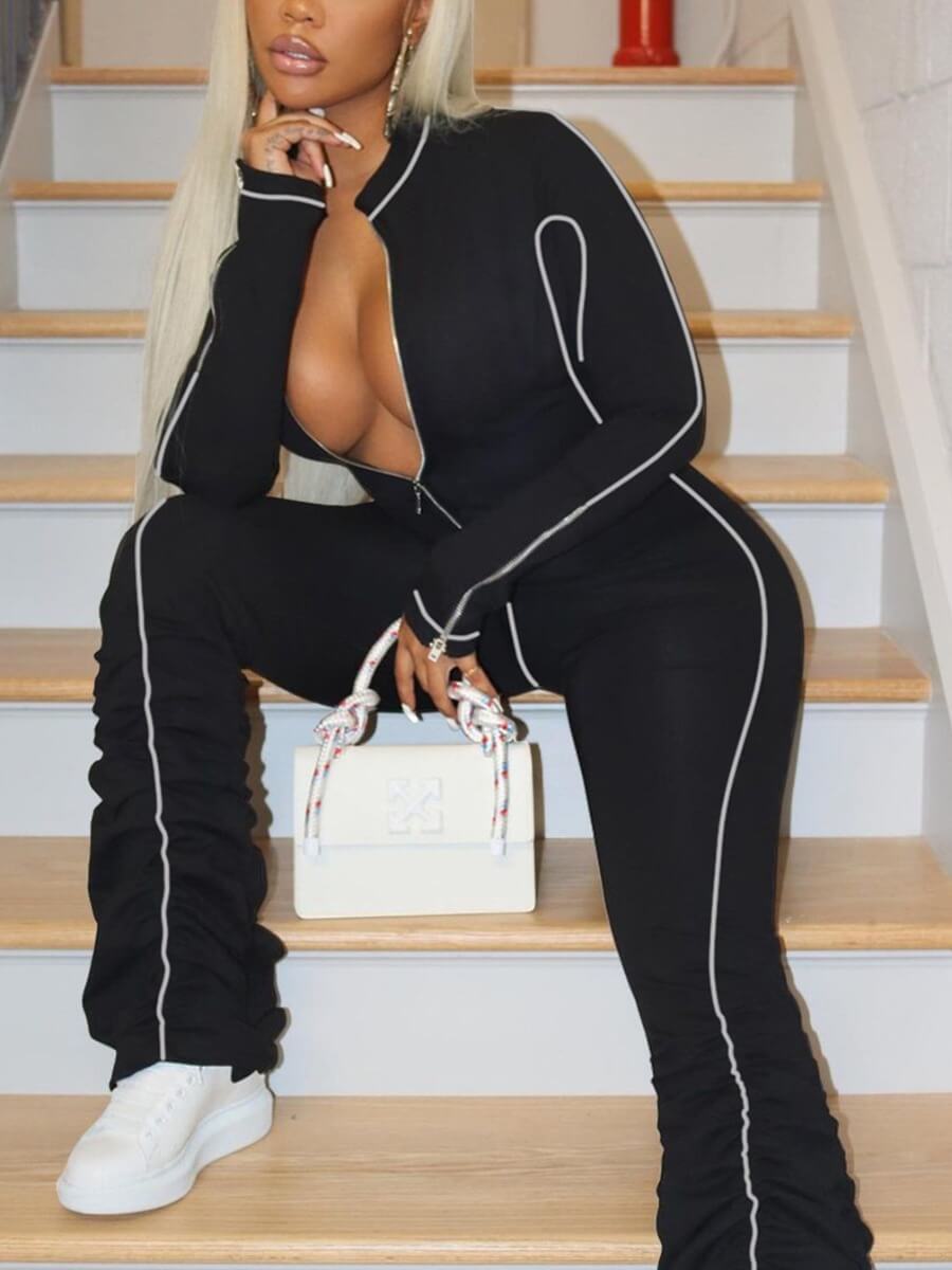 

Lovely Casual Striped Fold Design Black One-piece Jumpsuit