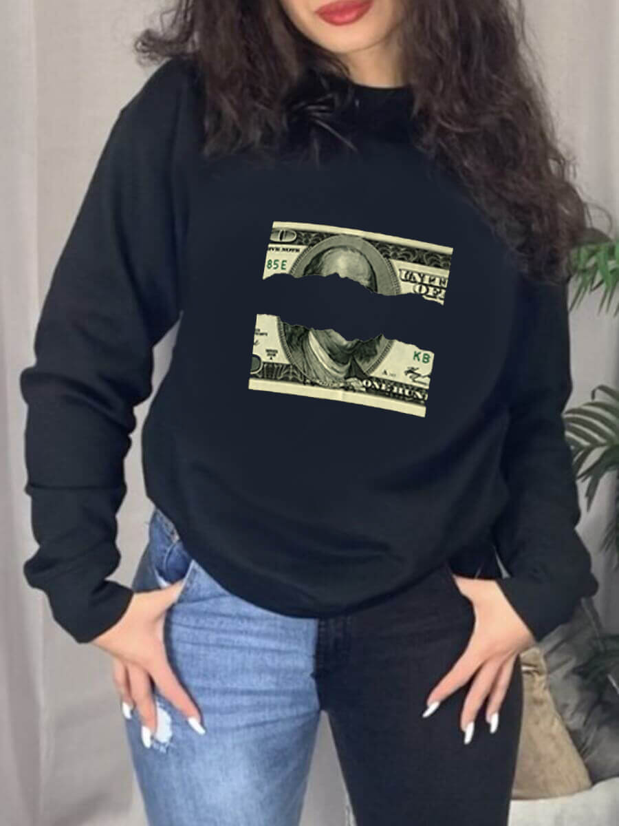 

Lovely Casual Money Print Patchwork Black Hoodie