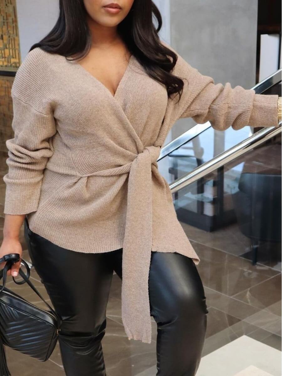 

Lovely Casual Cross-over Knot Design Khaki Sweater