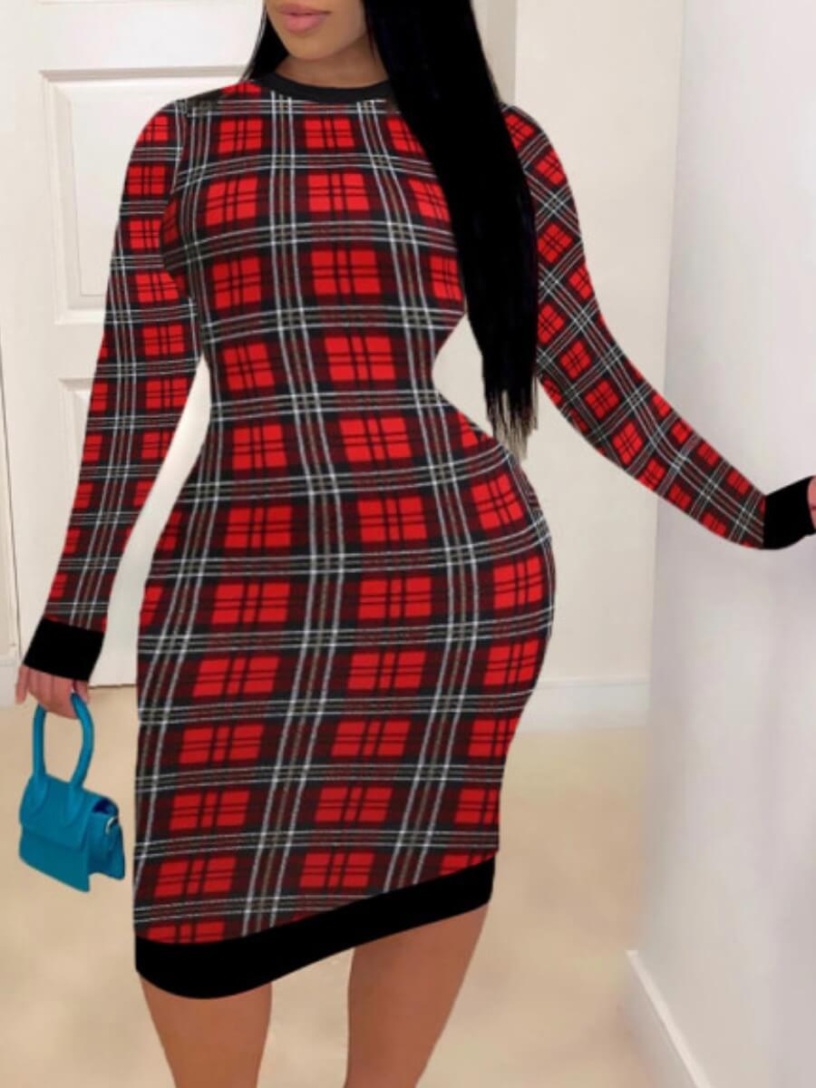 

Lovely Casual Plaid Print Patchwork Skinny Red Knee Length Dress