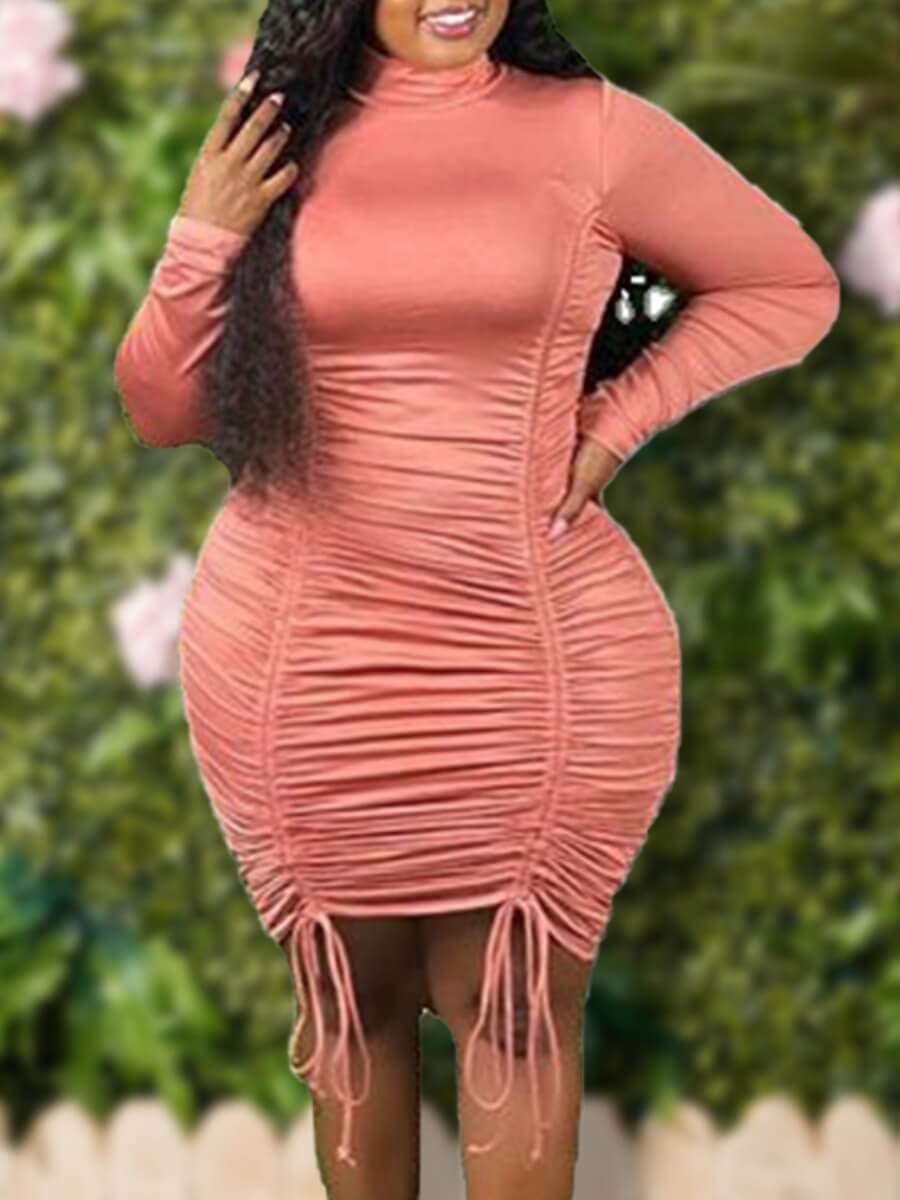 

Lovely Casual Long Sleeve Fold Drawstring Design Pink Mid Calf Plus Size Dress