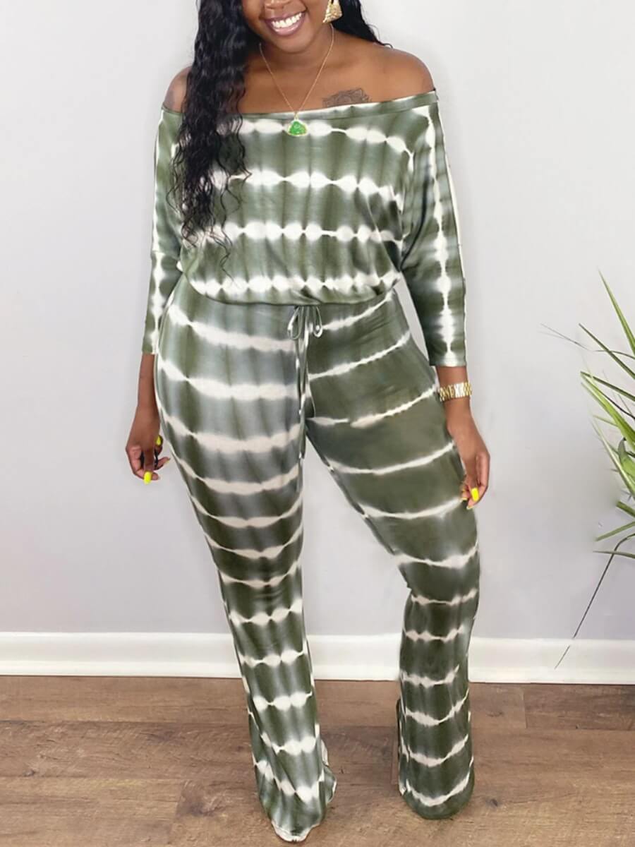 

Lovely Casual Off The Shoulder Tie Dye Green One-piece Jumpsuit