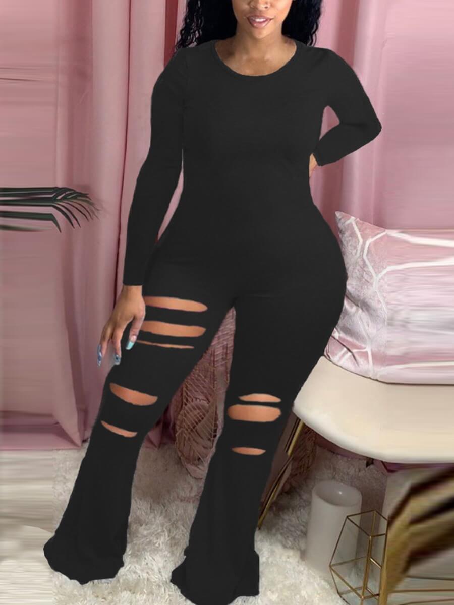 

Lovely Trendy O Neck Hollow-out Skinny Black One-piece Jumpsuit