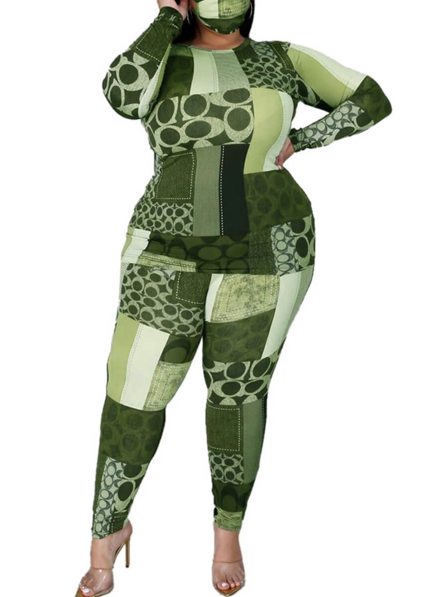 

Lovely Stylish O Neck Print Green Plus Size Two-piece Pants Se